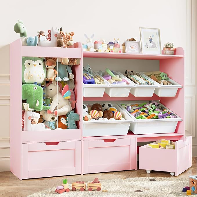 VontinT 50.6" W Wooden Toy Organizer with Stuffed Storage & Bins & Drawers | Large Storage Cabinet with 6 Plastic Bins, 3 Rolling Drawers, 140L Stuffed Animal Zoo, Toddler Shelf for Kids Playroom, Pink by VortinT