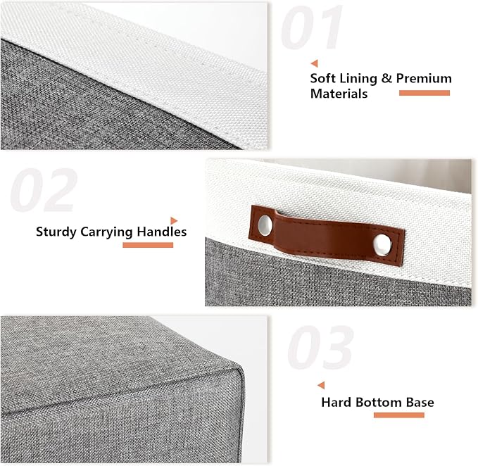DULLEMELO Large Storage Baskets, Fabric Storage Basket with Leather Handles for Shelves Closet Nursery Toy Storage, Collapsible Fabric Baskets for Toy Book Magazine Towel Organizers(White&Gray) - Image 2