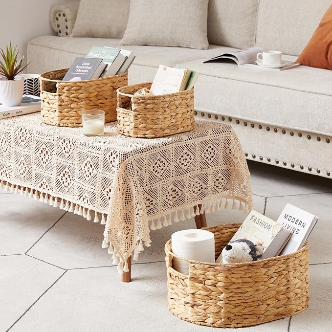 Wicker Basket, 3-Pack Hand-Woven Water Hyacinth Wicker Storage Basket with Handles, Large Woven Storage Baskets for Shelves, Round Storage Baskets for Organizing & Decor - Image 5