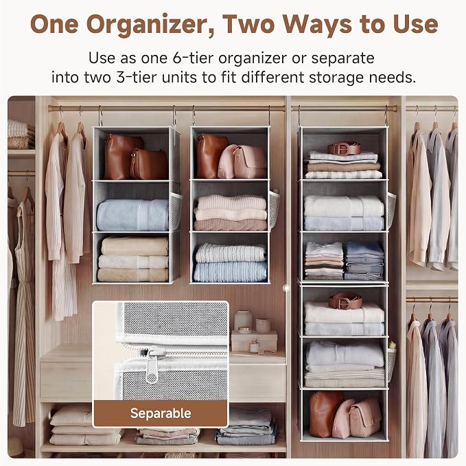 StorageWorks 6-Shelf Closet Organizers, Two 3-Shelf Separable Hanging Shelves for Close, 12 1⁄2" D x 12 1⁄2" W x 47 ¼" H, Canvas, Gray - Image 3
