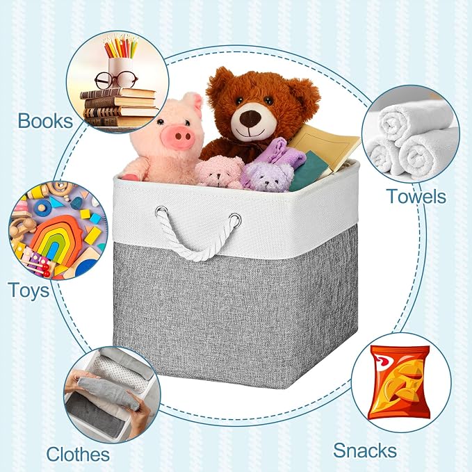 meekoo 8 Pack Collapsible Storage Bins Fabric Storage Bins Polyester Fabric Baskets with Handles Linen Closet Organizer for Shelf Home Closet Towels Toys(12 x 12 x 12 in,Gray White) - Image 6