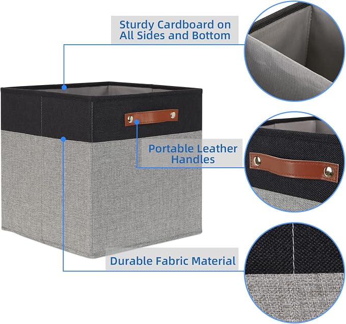 Temary 13 x 13 Storage Cubes Foldable Storage Cubes 4 Pack Canvas Storage Bin for Home, Square Storage Baskets with Leather Handles (Black&Grey) - Image 3