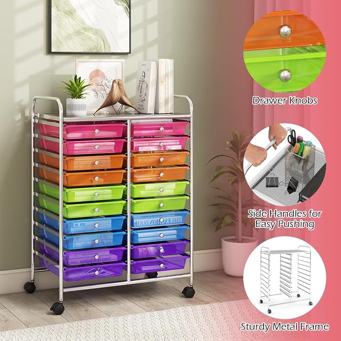 RELAX4LIFE 20 Drawer Rolling Storage Cart, Mobile Rolling Cart w/Drawers for School Classroom Teacher Office Home Salon, Paper File Art Supply Craft Organizer, Utility Cart on Wheels (Rainbow) - Image 6