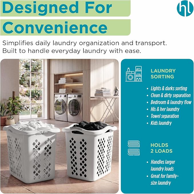 Home Logic 2 Bushel Plastic Laundry Basket Lamper, Large Laundry Hamper with Handles, Ventilated Clothes Organizer for Bedroom Bathroom Closet, 6 Pack, White - Image 4
