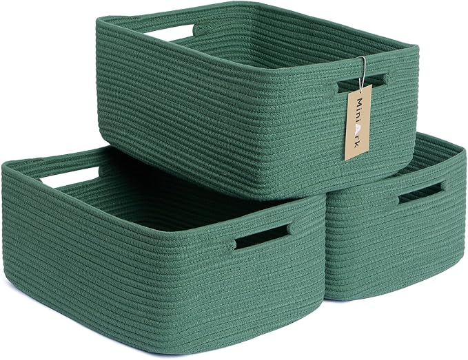 MiniArk Large Storage Baskets for Shelves, 17 x 13 x 7.5” Closet Organizers Bins for Clothes Blanket Towels, Baby Nursery, Toy Baskets Box, Woven Rope Baskets, 3 Packs Green by MiniArkStorageBasketsHome