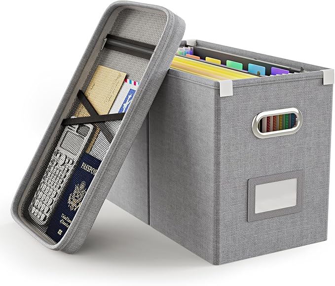 File Organizer Box with Lid, Hanging Filing File Box with Mesh Pocket, Document Organizer Box for Letter Files, Portable Storage Box with Smooth Sliding Rail for Office&Home(1 PCS, Grey) by Oterri