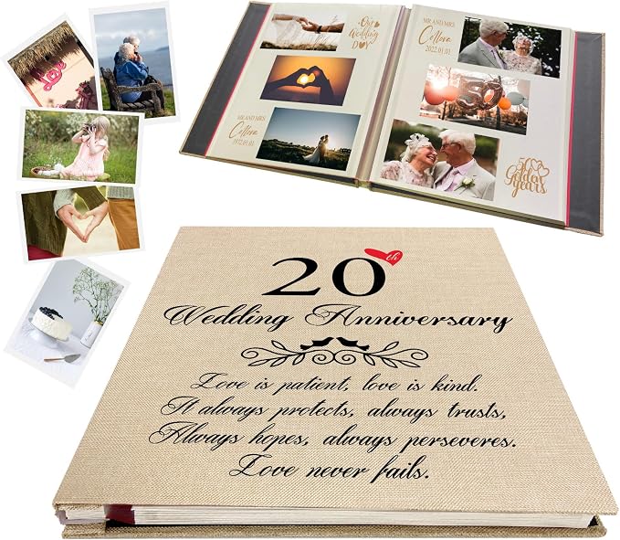 20th Wedding Anniversary Photo Album, Linen Cover with Love Quote, Golden Marriage Love Never Fails Memory Keepsake, Gifts for Parents 20 Years of Love - Image 2