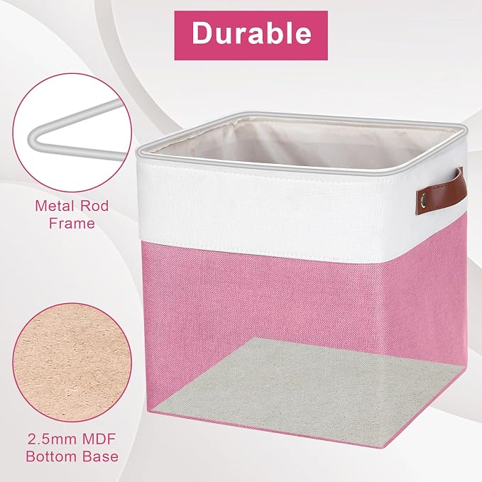 Collapsible Fabric Storage Cubes 11x11 Cube Storage Bins, 4 Pack Closet Baskets Box with Handles for Organizing, Shelf, Toys, Clothes, Home, Office, Nursery (Pink&White) - Image 4