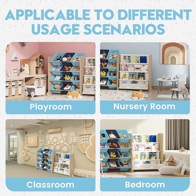 EXPERLAM Kids Toy Storage Organizer - Toy Storage with Bookshelf, Toy Organizer with 12 Blue Bins and 4 Book Shelves, Toy Organizers and Storage for Playroom, Nursery, Kids Room, Burlywood - Image 5