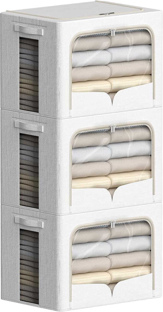 FHSQX 3 Pack Clothes Storage Bins Foldable Metal Frame Storage Box Stackable Linen Fabric Container Organizer Set with Carrying Handles and Clear Window (Cream White, 15.7x11.8x11.8inch(36L)) by FHSQX