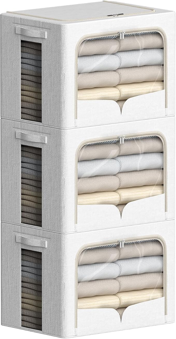 FHSQX 3 Pack Clothes Storage Bins with Metal Frame | 15.7x11.8x9.8inch (30L),Foldable, Stackable, Linen Fabric, Carrying Handles, Clear Window by FHSQX