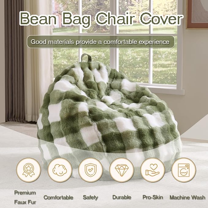 Fluffy Faux Rabbit Fur Bean Bag Chair Cover(No Filler),Cozy Shaggy Bubble Stuffed Animal Storage Large Bean Bag Cover for Bedroom Living Room,Fuzzy Bean Bag Cover Girls Teens Adult,Sage Green - Image 2
