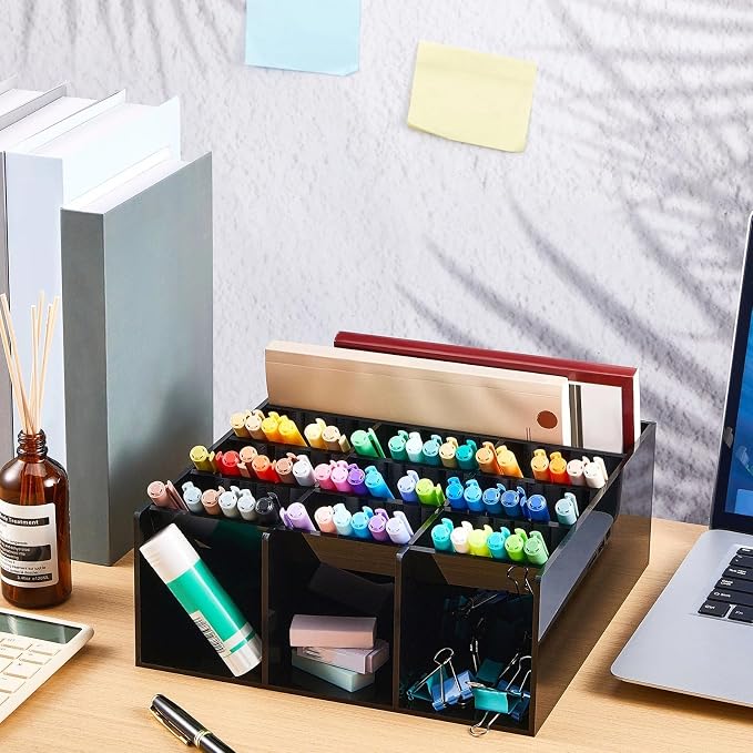 MotiMind Acrylic Pen and Marker Organizer for 150 Markers | 13 Compartments, Vertical Marker Pencil Organizer, Acrylic Pen Display Holder, Art Supply Storage for Desk Stationery, Black - Image 5