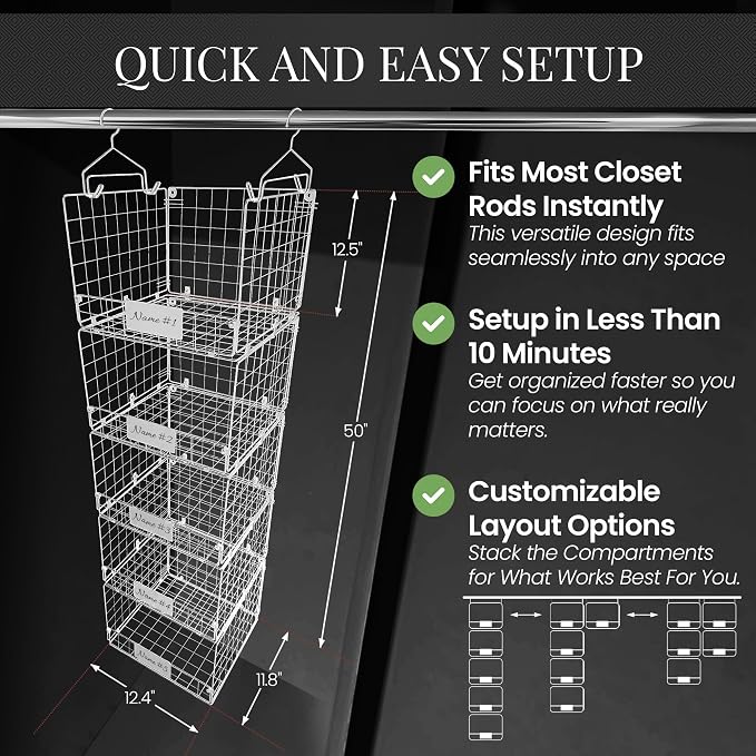 DECOLURE 5-Tier Adjustable Hanging Closet Organizer – Maximize Hanging Storage w/ 4 Hanging Hooks, 8 S Hooks & 5 Name Plates - Sturdy Foldable Wire Storage Hanging Shelves for Clothes, Towels (White) - Image 2
