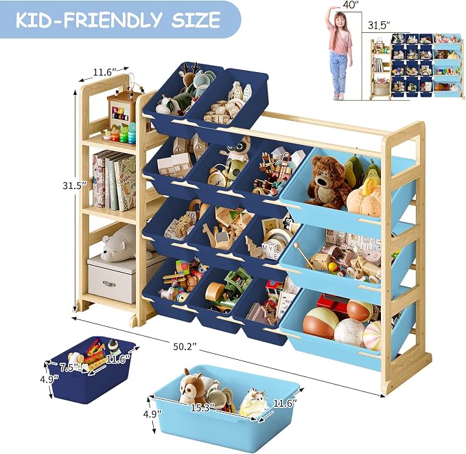 EXPERLAM Toy Storage Organizer, Toy Storage Shelf with 3 Shelves and 16 Storage Bins (12 Small + 4 Large), 3-in-1 Kids Bookshelf for Kids Rooms, Playroom, Nursery, Blue - Image 2