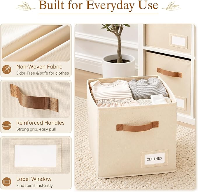 Storage Cubes 8 Pack, 11 Inch Fabric Storage Cubes Organizer Bins with Labels, Odor-Free & Sturdy PP Structure, Cubby Baskets for Closet, Shelves, Toys & Nursery (Beige) - Image 3