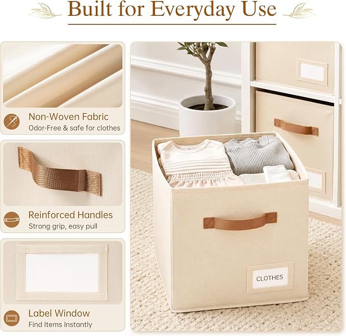 Storage Cubes 10 Pack, 11 Inch Fabric Storage Cubes Organizer Bins with Labels, Odor-Free & Sturdy PP Structure, Cubby Baskets for Closet, Shelves, Toys & Nursery (Beige) - Image 3