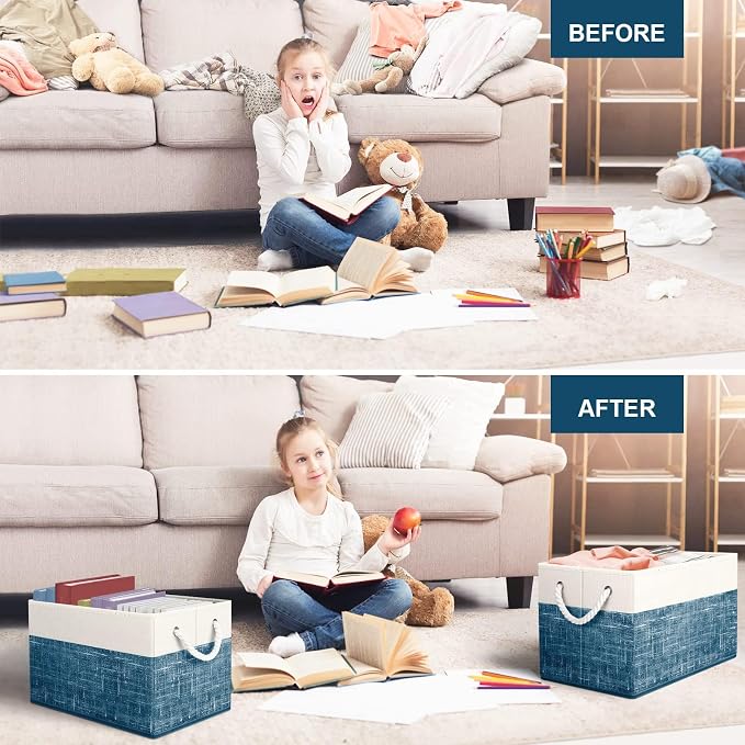 Storage Bins 6-Pack, Foldable Storage Baskets for Organizing Toys, Books, Shelves, Closet, Large Storage Box with Rope Handles, Sturdy Organizer Bins, White & Blue - Image 6