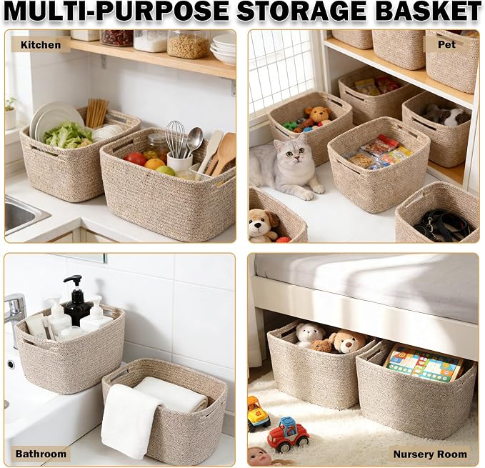 6 Pack Woven Rope Baskets, 12.6"×9"×7.8" Storage Bins, Brown | Storage Boxes for Toys, Books, Towels, Clothes, Shelf Baskets Organizer,Empty Gift Baskets for Living Room, Bathroom, Bedroom - Image 6