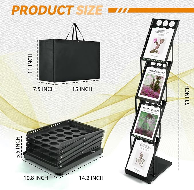 Foldable Magazine Rack Metal Catalog Literature Rack, Literature Stand Rack | Collapsible Flyer Holder,Portable 4 Pockets with Carrying Bag,Floor-Standing Holder Stand for Exhibition Trade Show,Black - Image 2