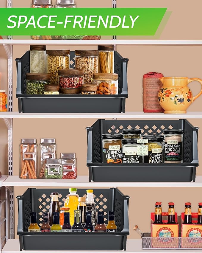 Large Stackable Storage Bins Open Front for Pantry Storage, 4 Pack - Black | Sturdy Plastic, Easy Stacking, Open Front Access, Ventilated Sides, Vertical & Space Saving Pantry Organizers and Storage Bin - Image 7