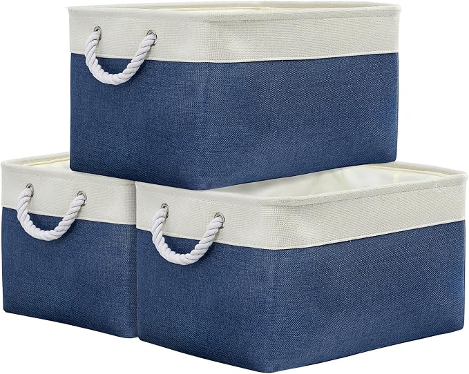 Organization and Storage Basket for Organizing - X Large 3 Pack 17.7L×13.8W×9.8H in Collapsible Storage Bin for Shelves, Basket for Gifts Empty Toys Organizer Gift (White & Jean Blus) by TheWarmHome