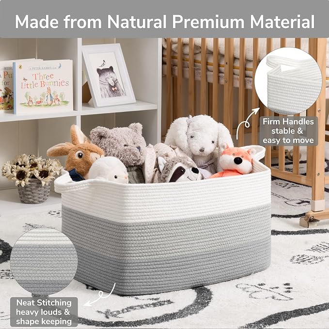 Goodpick Large Woven Rope Blanket Basket, Rectangle, Light Gray | 21.6'' x 14.9'' x 11.8'' Storage Basket for Blankets, Pillows & Toys, Living Room & Nursery Organization, Reinforced Handles - Image 6