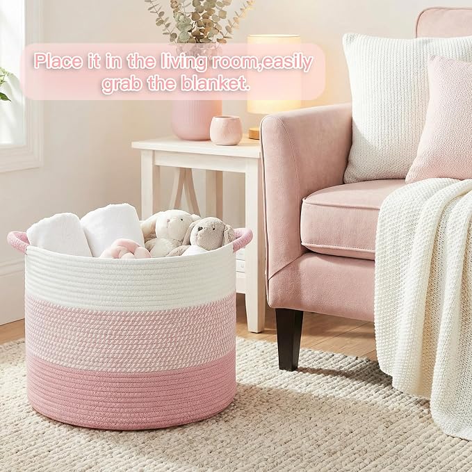 Artfeel 40L Large Cotton Rope Basket, Decorative Woven Blanket Storage for Living Room, Boho Toy Storage & Toy Box for Kids, Versatile Laundry Basket & Nursery Hamper for Blankets(Pink) - Image 4