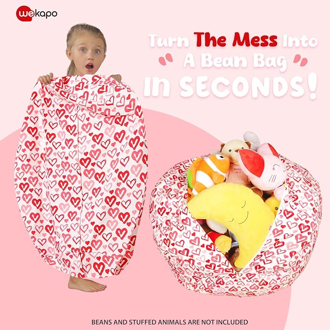 WEKAPO Stuffed Animal Storage Bean Bag Chair Cover for Kids | Stuffable Zipper Beanbag for Organizing Children Plush Toys Large Premium Cotton Canvas (Heart, X-Large) - Image 3