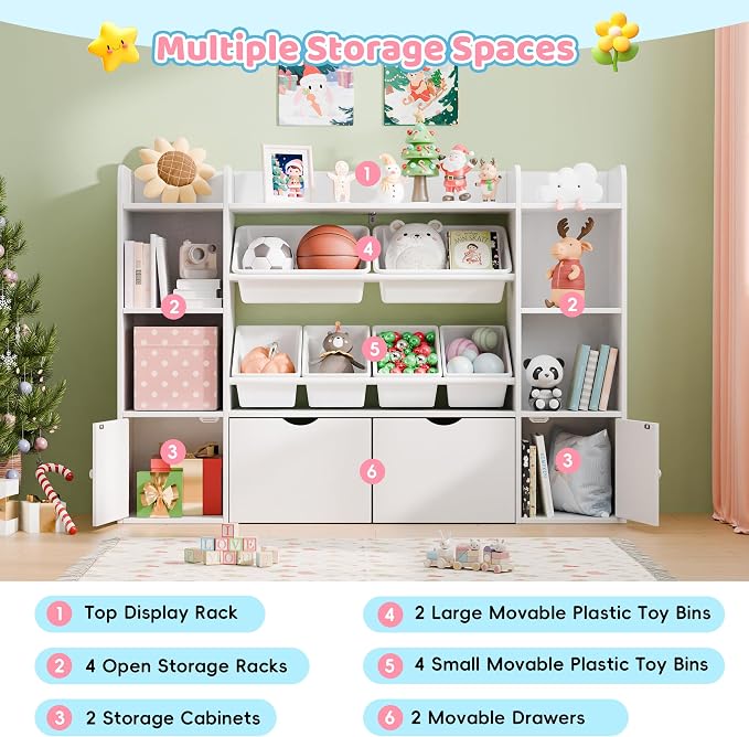 Xilingol Kids Toy Storage Organizer W/6 Removable Toy Bins, 4-Tier Toy Organizers W/6 Storage Cubbies and 2 Movable Drawers, Kid Bookshelf and Toy Storage for Playroom, Bedroom, Kids Room (White) - Image 5
