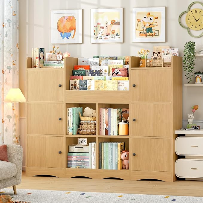 Toy Organizers and Storage with 10 Cubbies and 4 Tier Bookshelf | 55" Large Kids Bookshelf Toy Organizers and Storage with Raised-Edge Top Shelf, Playroom Storage and Toy Chest, Natural by finetones