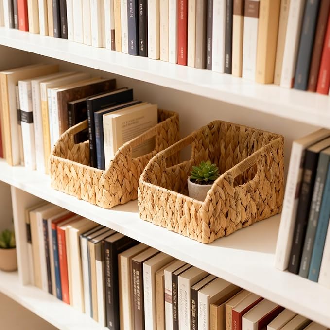 Wicker Baskets for Organizing, Pantry Baskets with Built-in Handles, Handwoven Wicker Storage Basket, Water Hyacinth Storage Bins for Shelves, Small - 2pcs, Natural - Image 7