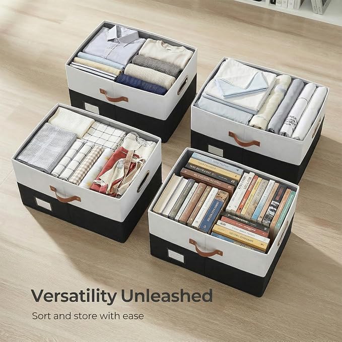 Storage Bins with Lids [3-Pack] Linen Fabric Foldable Storage Boxes Organizer Containers Baskets Cube with Cover for Bedroom Closet Office Grey&Black (23.4X15.9X11.4) - Image 8