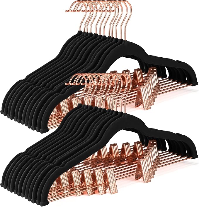 HOUSE DAY Hangers with Clips 24 Pack,     | Black, Non Slip Velvet Flocked, 0.2" Ultra Thin, Space Saving Hangers, Soft Touch, For Pants, Skirt, Shorts, Coat by HOUSEDAY