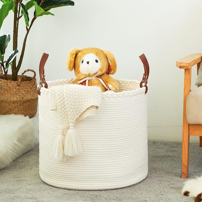 KAKAMAY Large Blanket Basket (18"x16"),Woven Baby Laundry Hamper,Cotton Rope Blanket Basket for Nursery, Laundry, Living Room, Pillows, Baby Toy chest with Leather Handles (White) - Image 3