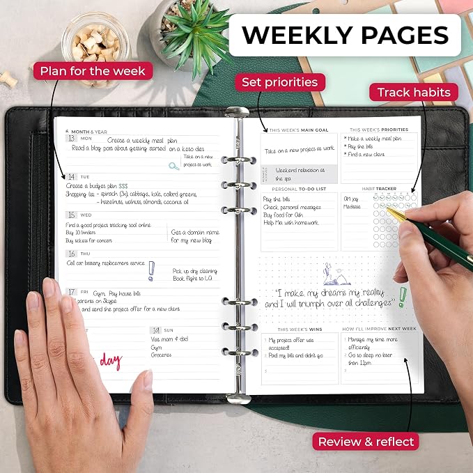 Clever Fox Weekly Planner Binder, Undated Daily A5 Eco Leather Black | 7 x 10 in with A5 pages, mini 3 ring portfolio organizer, work time manager, day runner, agenda book with monthly calendars - Image 3