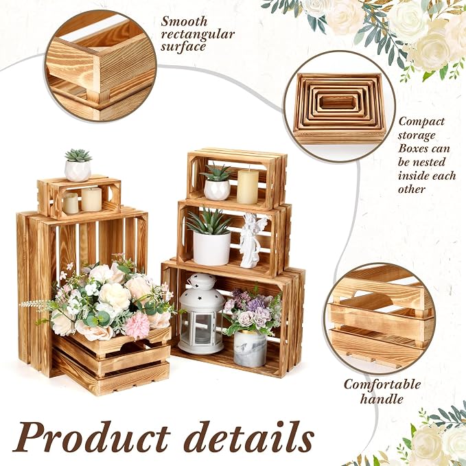 CroBlissful 6 Pcs Decorative Wood Crates for Storage Display Rustic Nesting Crates with Handle Farmhouse Wooden Storage Container Boxes for Wedding Baby Shower Birthday Party(Classic Color) - Image 6