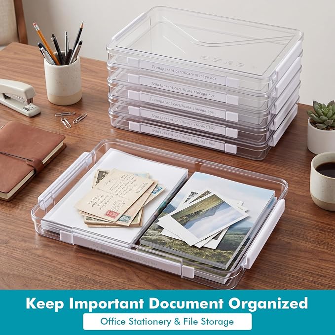 5 Pack Clear File Storage Box Portable Paper Case with Lid Handle,White | 11.7" x 8.27", Stackable A4 Paper Document Organizer for Scrapbook, Photos, Board Game, Craft and Art Supplies - Image 2