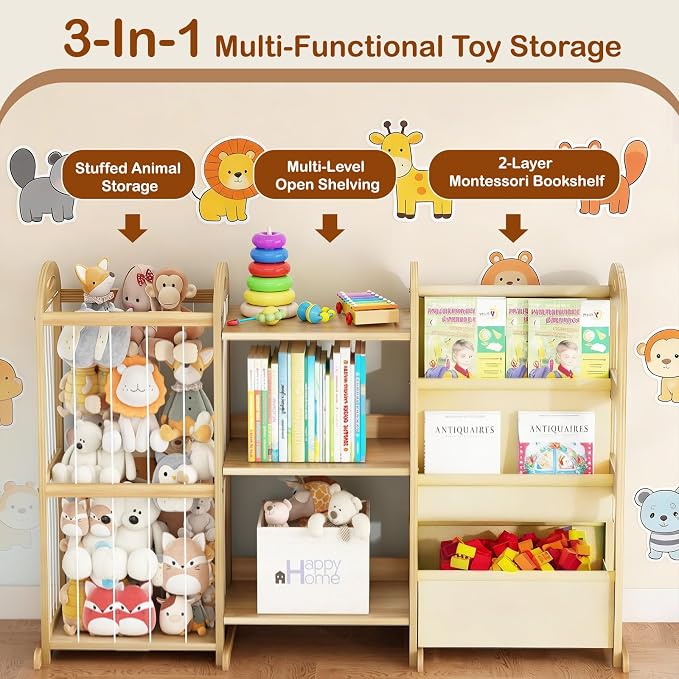Kids Bookshelf and Toy Storage Organizer, 3-Tier Book Shelf with Stuffed Animal Storage, Kids Toy Book Storage for Bedroom Playroom, Wooden Toy Organizer with 3 Shelves, 49.4" W - Image 6
