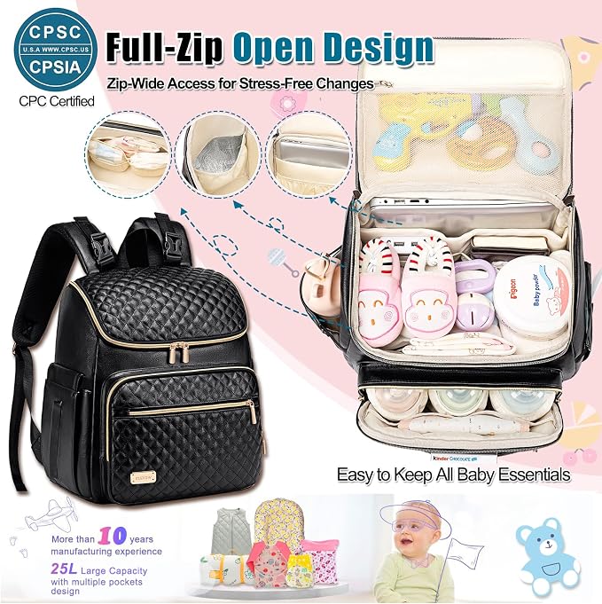Diaper Bag Backpack Leather Baby Diaper Bag with Changing Pad Travel Diaper Backpack,Baby Bag for Mom,Stroller Straps,5 Insulated Pockets (Black Leather) - Image 4