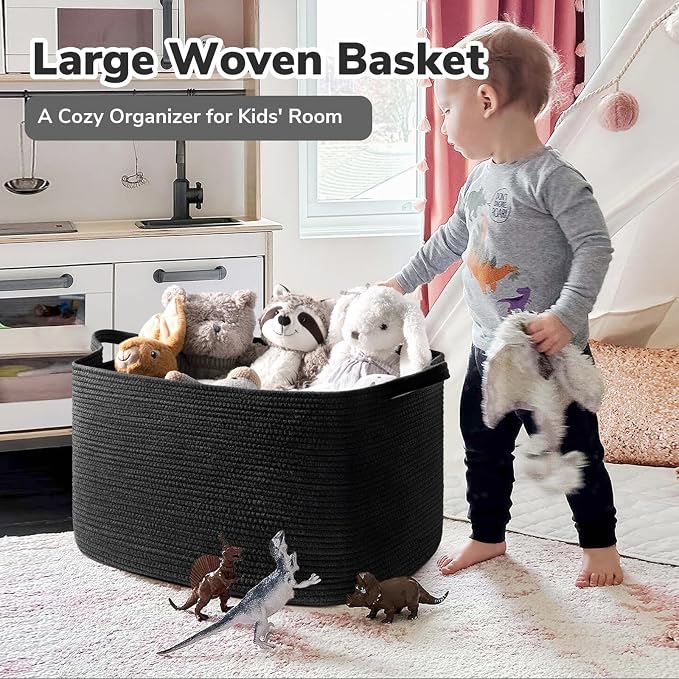 Goodpick 85L Large Woven Rope Blanket Basket, Rectangle, Black | 23.6'' x 15.7'' x 13.8'' Storage Basket for Blankets, Pillows & Toys, Living Room & Bedroom Organization, Reinforced Handles - Image 2