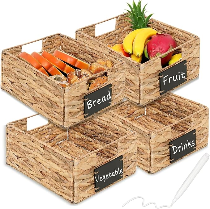 Woven Storage Baskets with Chalk Labels, 10.8x9x4.9 Inch, 4 Pack | Foldable Rectangular Water Hyacinth Organizers with Built-in Handles for Shelves, Pantry, Closet by HLONYUX6HomeDecor