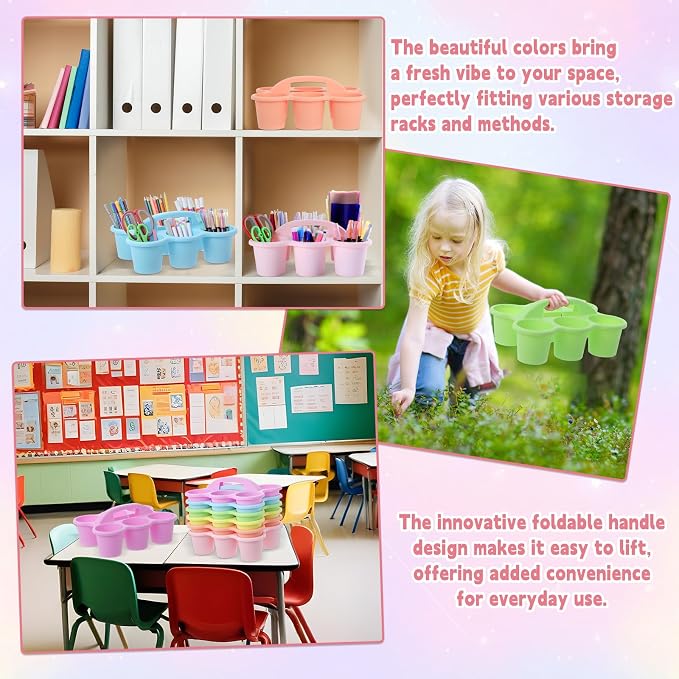 6 Pack Classroom Caddy Organizer with Handle, 6 Compartments, Pastel | Stackable Plastic Table Caddies, 12x9x3.5 In, caddy Organizer for School Supplies, Crayons, Pencils, Crafts and Drink Cups - Image 6