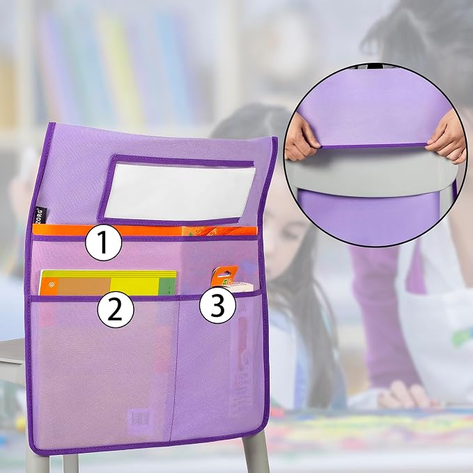 Chairback Buddy Pocket Chart Back of Chair Organizer for Classroom with Name Tag Pocket (PURPLE-6 PACK) - Image 5
