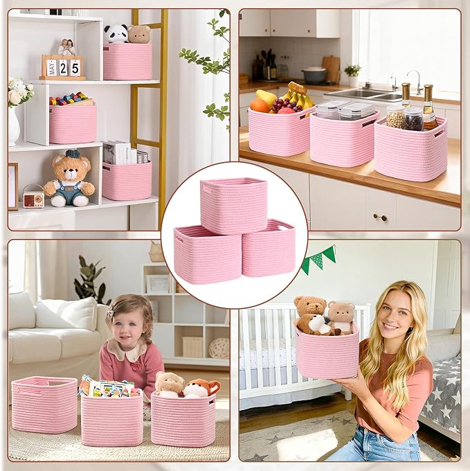 3 Pack Cube Storage Bin, 9”x9”x7” Cotton Rope Woven Baskets for Organizing Toys Clothes Towels, Square Gift Storage Baskets for Shelves, Nursery, Closet, Bathroom, Pantry (Pink) - Image 8
