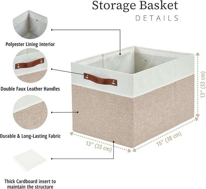 DECOMOMO Kallax Storage Cubes, Storage Baskets for Shelves 3-Pack | 13 x 15 x 13 Storage Bins, Baskets for Organizing Shelves (Beige & White) - Image 5