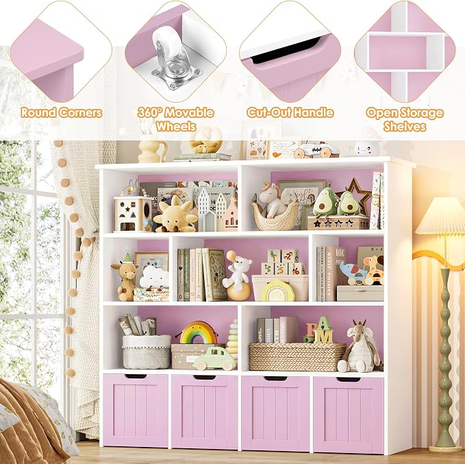 Toy Storage Organizer with Movable Drawer Toy Organizer for Kids | Kids Bookshelf and Toy Chest Storage with Hidden Wheels, Toy Organizers and Toy Storage for Playroom, Pink - Image 6