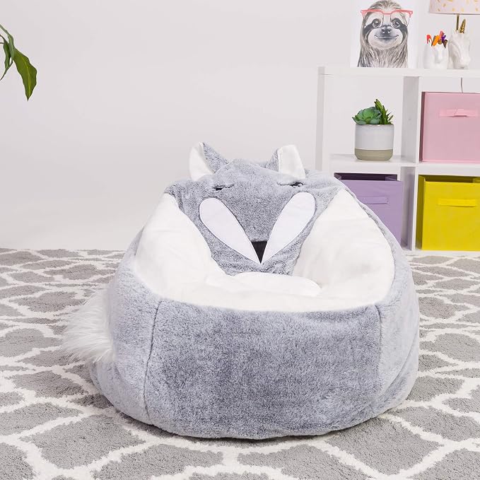 Posh Creations Cute Soft and Comfy Bean Bag Chair for Kids, Large, Animal - Silver Fox - Image 5
