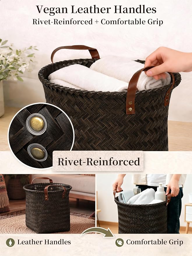 Wicker Storage Baskets, 4 Pack Woven Baskets for Shelves, Dark Gold | PP Rattan, Water-resistant Wicker Basket, Large Baskets with Faux Leather Handles for Blanket, Laundry Organizer, Room Decor - Image 5