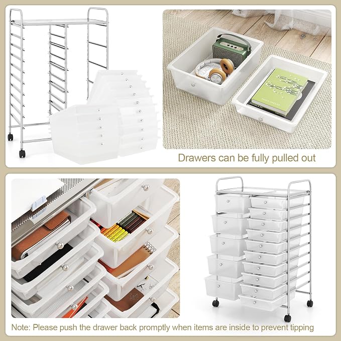 RELAX4LIFE 15-Drawer Rolling Storage Cart - Utility Cart with Metal Frame, Lockable Wheels & Removable Drawers, Multipurpose Art Craft Organizer for Home Office, Classroom (Clear) - Image 6